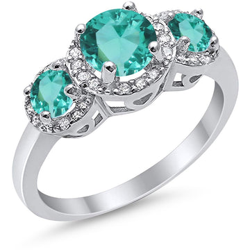 Three Stone Simulated Paraiba Tourmaline CZ Wedding Ring 925 Sterling Silver